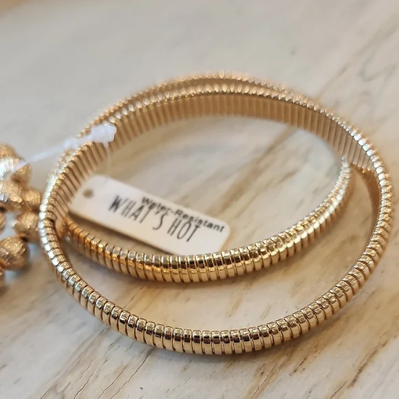 Women's Textured Beaded Gold Ribbed Stretch Water-Resistant Bracelets Set of 4 - Picture 5 of 6